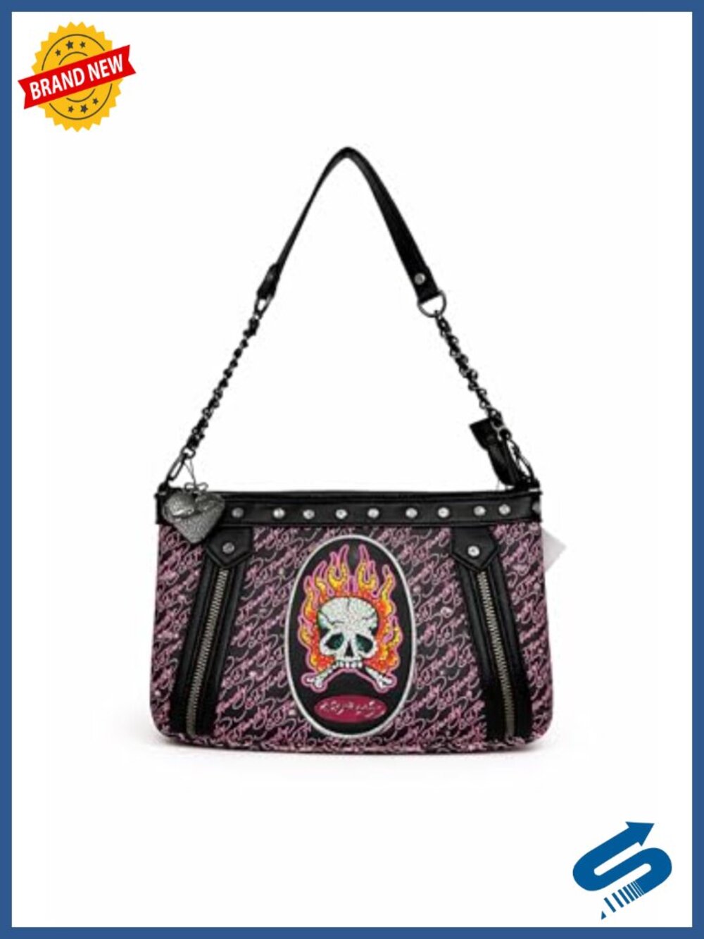 Skull Flame Graphic Shoulder Handbag with Chain Strap Y2K Baguette Style